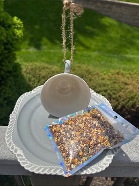 White and Gray Ceramic Hanging Bird Feeder with Seed Packet